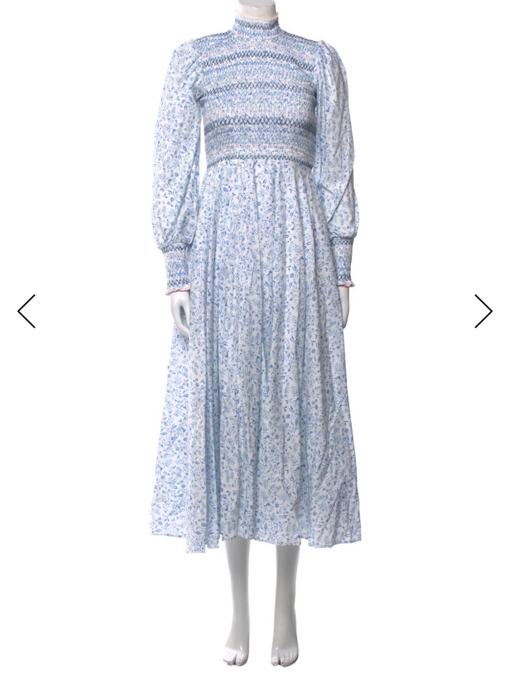 Smocked High-Neck Floral Midi Dress in Light Blue